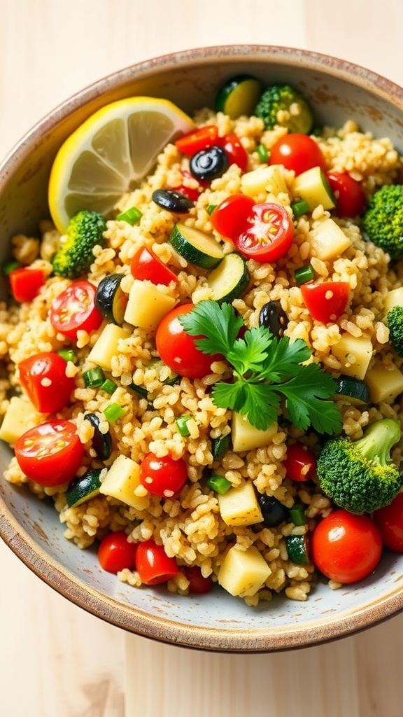 A colorful quinoa salad with roasted vegetables in a rustic bowl, garnished with parsley and a lemon wedge.